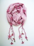 刺繍のお花のシフォンスカーフ　ロングラリエット　サクラ