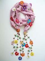 画像: 刺繍のお花のシフォンスカーフ　ロングラリエット　ミックス